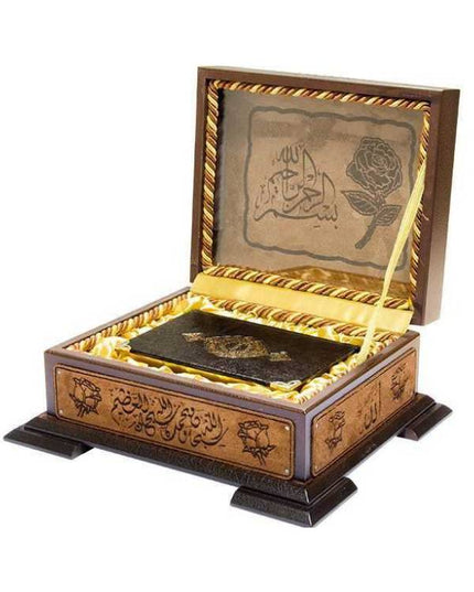 Ahşap Kutulu Kuran-ı Kerim Gül Desenli - Çanta Boy